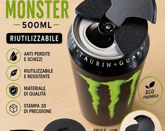 Tapa reutilizable Monster de 500 ml | Tapa protectora para bebidas energéticas.