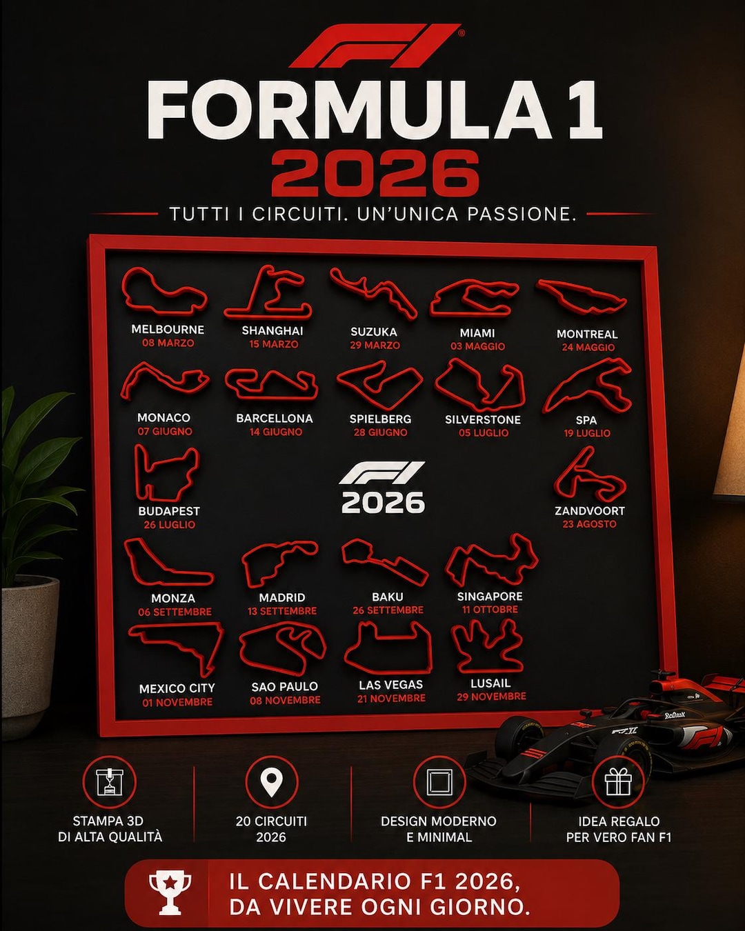 Formel-1-Rennstrecken-Wandbild 2026 – 3D-gedruckte F1-Strecken mit