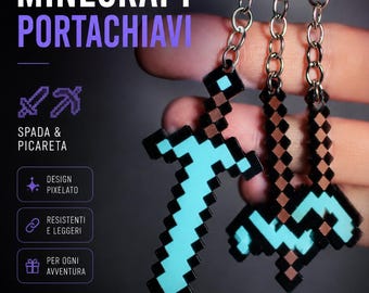 Portachiavi Minecraft Pixelati – Spada & Picaretta | Regalo Gamer Personalizzato