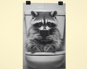 Funny raccoon poster cute raccoon with cell phone on toilet – humorous wall decoration bathroom & guest toilet gift idea animal lovers