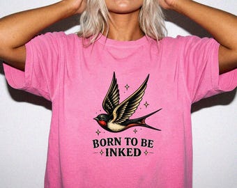 Born To Be Inked Comfort Colors 1717 Shirt – Vintage Swallow Tattoo Graphic Tee for Tattoo Lovers