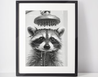 Raccoon in the shower | Black and white wall decoration | Digital download | Printable file | 300 dpi | Monochromatic image