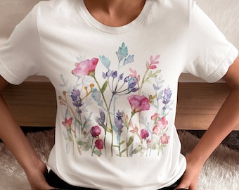 Camiseta bohemia de mujer Flower Meadow de algodón - estampada a mano