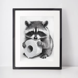 Procione con rotolo di carta igienica - Fotomurale | Decorazione murale in bianco e nero | Download digitale | File stampabile | 300 dpi | Immagine di carta igienica