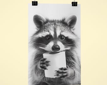 Funny raccoon poster cute raccoon with toilet paper – humorous wall decoration for bathroom & guest toilet – gift idea for animal lovers