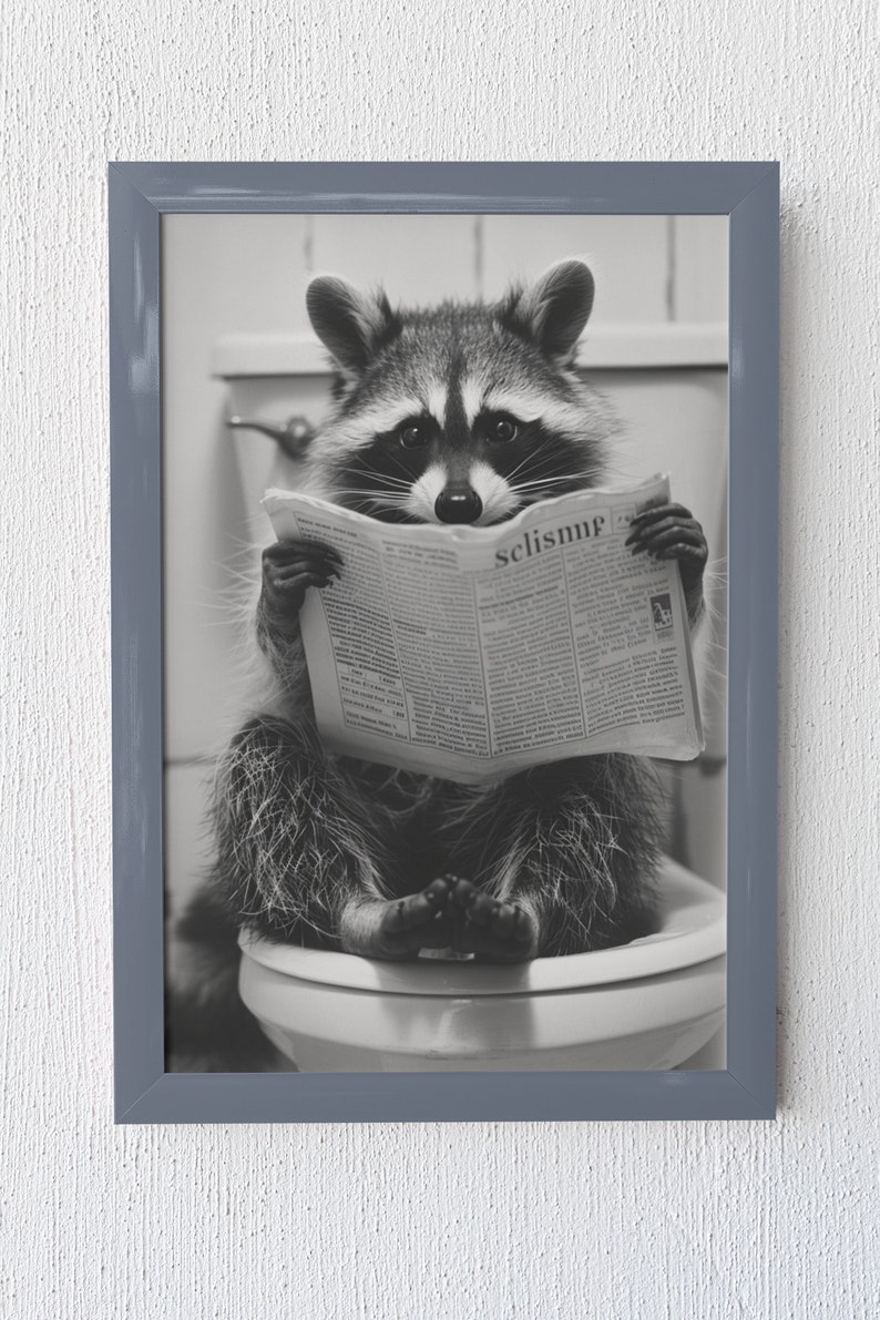 Cute Racoon Reading Newspaper on Toilet, Funny Animal on Toilet Wall ...