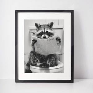 Cute Racoon Reading Newspaper on Toilet, Funny Animal on Toilet Wall Art, Humorous Bathroom Art, Racoon Sitting Print, Above Toilet Art Deco