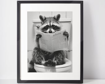 Schattige wasbeer leest krant op toilet, grappig dier op toiletmuurkunst, humoristische badkamerkunst, wasbeer zittend print, boven toilet art deco
