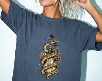 Comfort Colors 1717 Snake Guitar Shirt, Vintage Tattoo Graphic Tee, Rock Festival T-Shirt, Serpent Guitar Gift