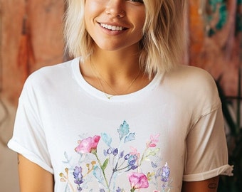 Camiseta unisex con estampado gráfico estilo vintage boho floral | Idea de regalo casual y linda para mujer con flores silvestres y estilo cottagecore