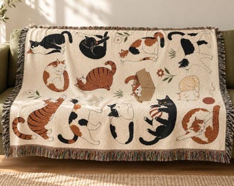 Cat Woven Blanket – 100% Cotton Throw with Playful Cats and Flowers, Cottagecore Decor