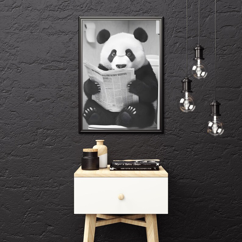 Panda Reading Newspaper on Toilet - Wall Mural | Black and White Wall ...