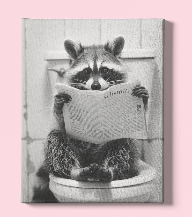 Cute Racoon Reading Newspaper on Toilet, Funny Animal on Toilet Wall ...