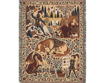 Medieval Woven Blanket – Funny Knight & Dragon Design, 100% Cotton Tapestry Throw