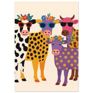 Boho Cow Poster – Colorful Cows with Sunglasses | Funny Animal Wall Decor for Kitchen, Guest Bathroom, or Children&#39;s Room | A4 & A3 Print Premium Paper