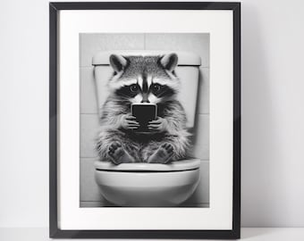 Raccoon on the toilet - Mural | Black and white wall decoration | Digital download | Printable file | 300 dpi | Monochromatic image