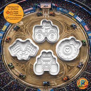 May include: A set of white plastic cookie cutters in the shape of monster trucks, a tire, and checkered flags. The cookie cutters are arranged on a dirt track with miniature monster trucks racing around the track. The image includes text in French and English.