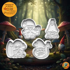 May include: Four white gnome-shaped cookie cutters with intricate details, set against a whimsical forest backdrop with mushrooms and a gnome figurine. The image includes text that says "Made HERE in Quebec" and "Food-safe PLA".