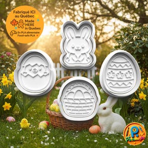 May include: White plastic Easter cookie cutters shaped like a bunny, a chick hatching from an egg, a decorated egg, and a basket. The cutters are on grass with a white rabbit statue and a basket of Easter eggs. Made in Quebec.