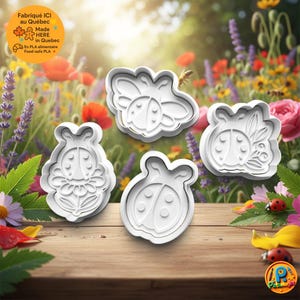 Pode incluir: Quatro cortadores de biscoitos brancos em forma de joaninha sobre uma superfície de madeira, com um fundo floral colorido. Os cortadores variam em design, incluindo uma joaninha com asas, uma joaninha com uma flor e uma forma simples de joaninha. A imagem inclui o texto "Made HERE in Quebec".