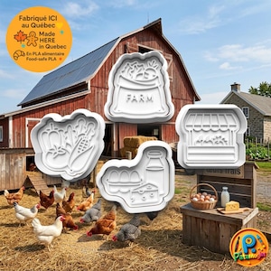 Könnte beinhalten: Weiße Ausstecher aus Kunststoff in Form eines Bauernstandes, eines Beutels mit Produkten mit dem Wort "FARM", einer Milchflasche, Eiern und Käse sowie einem Kürbis, Mais und anderem Gemüse. Das Bild zeigt auch Hühner und eine rote Scheune.