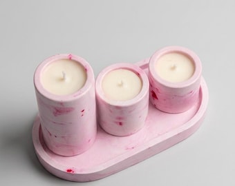 Pink Marble Concrete Candle Trio, Soy Wax, Minimalist Modern Home Decor