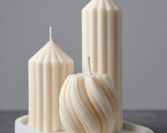 Handmade Sculptural Soy Wax Candles, Minimalist Ribbed Trio, Neutral Decor Gift