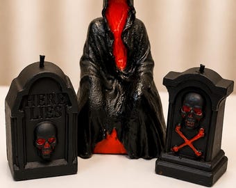 Handmade Soy Wax Halloween Candle Set, Tombstone Skull Grim Reaper Decor