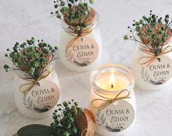 Personalized Wedding Favor Candles, Mini Jar with  Dried Flowers, Bridal Shower Gifts