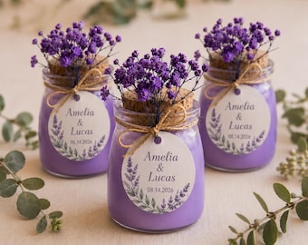 Mini Jar Candles, Rustic Wedding Bridal Shower Favors, Dried Flowers, Personalized Scent Tag