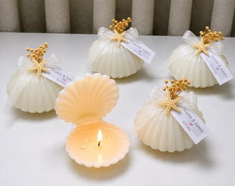 Seashell Candle Wedding Favors, Clam Shell with Pearl, Personalized Nautical Guest Gifts
