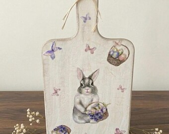 Hand-Painted Easter Bunny Wooden Serving Board, Rustic Farmhouse Spring Decor