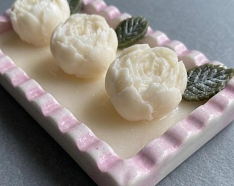 Handmade Soy Wax Rose Candle Set, Decorative Tray, Floral Home Decor