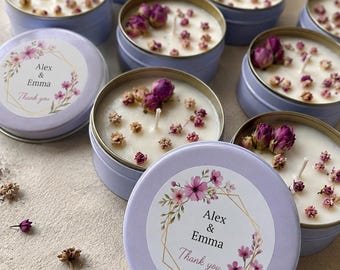 Personalized Dried Flower Tin Candle Favor, Scented Soy Wax, Wedding Guest Keepsake