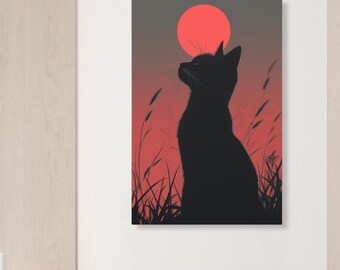 Minimalistic Black Cat Moon Canvas Gallery Wrap - Custom Pet Portrait, Cat Wall Art, Gift for Cat Lovers & Pet Memorial, Cat Mom Gift