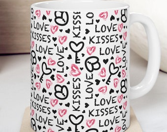 Love and Kisses Ceramic Mug, 11oz, 15oz, Custom Coffee Cup or Tea, Gift for Coffee Lovers, Microwave and Dishwasher Safe