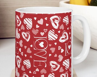 Love Red Ceramic Mug, 11oz, 15oz, Custom Coffee Cup or Tea, Gift for Coffee Lovers, Microwave and Dishwasher Safe