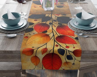 Caminho de mesa de outono 8, decoração aconchegante de outono, opções em algodão ou poliéster, 2 tamanhos, bordas com bainha, vibrações outonais