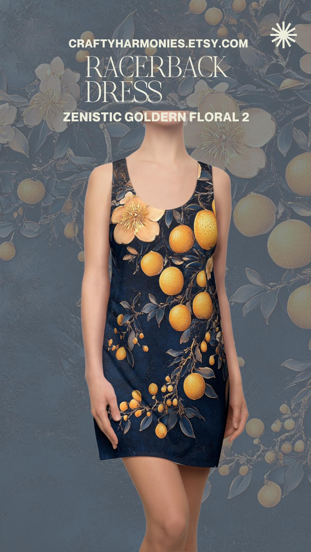 Zenistic Golden Floral 2 Racerback Dress, Dark Blue Chinese Style Pomelo Flower AOP Dress, Women's Clothing, Elegant Zen Dress, Exquisite