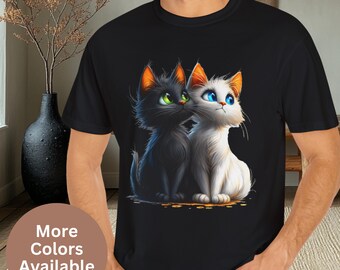 Camiseta unisex con pareja de gatos en blanco y negro, camiseta para amantes de los animales, camiseta con gráficos divertidos, camiseta de gato de moda, camiseta de gatito lindo, regalo para mamá gata