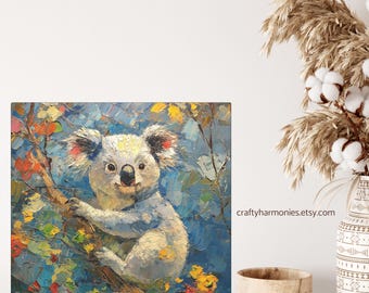 May include: A painting of a koala bear sitting in a tree with colourful flowers. The koala is white with a light blue background. The painting is done in a textured style.