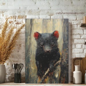 May include: A painting of a Tasmanian devil, a small black marsupial with red ears, looking directly at the viewer. The animal is depicted in a forest setting with a blurred background.