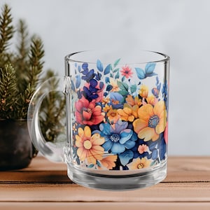 Glass Mug, Floral Colorful Design Coffee Lover Tea Cup, Kitchen Decor, Gift for Her, Colorful Flower Glass Mug, Coffee Mug, Tea Cup, Home