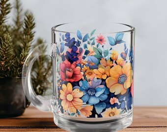 Glass Mug, Floral Colorful Design Coffee Lover Tea Cup, Kitchen Decor, Gift for Her, Colorful Flower Glass Mug, Coffee Mug, Tea Cup, Home