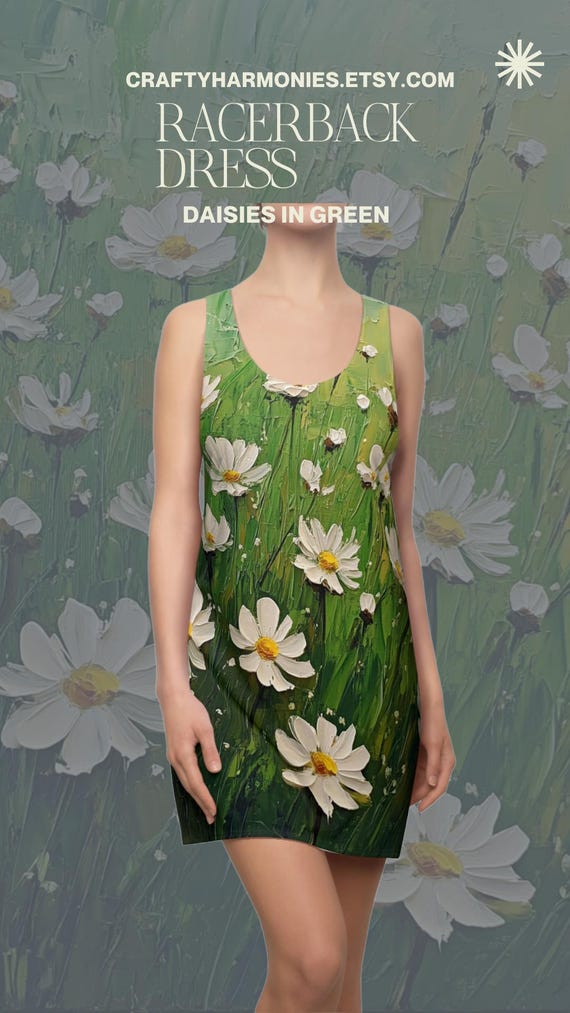Daisies in Green Field Racerback Dress, Flower AOP Dress, Women's Clothing, Elegant Edwardian Stylish Dress