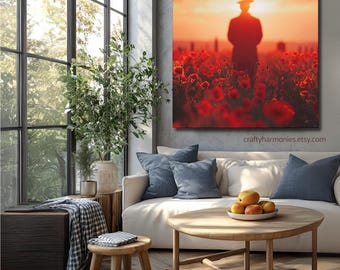 Field of Poppies with Soldiers 3 , Print Design, Square Canvas, Decorative Print, ANZAC Day Gift, Commemorative Picture, Gift for him