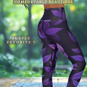 May include: Black leggings with a repeating pattern of purple leaves. The text on the image reads "Leggings, Comfortably Beautiful, Purple Favorite 7". The leggings are form-fitting and high-waisted.