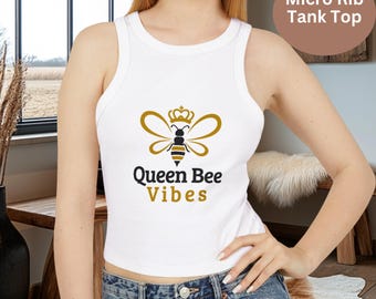Queen Bee Vibes, Womens Micro Rib Racer Tank Top, Racerback Tee, Bee Lover Tshirt, Insect Shirt, Friend Gift for Her Summer Sleeveless