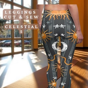 May include: Black leggings with a celestial print featuring suns, moons, and stars. The leggings are made of a stretchy, comfortable fabric and are perfect for yoga, running, or everyday wear.  Crafty Harmonies Etsy.com