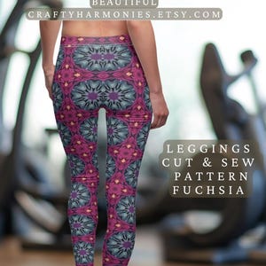 Puede incluir: Un patrón de leggings descargable digitalmente con un diseño de mandala fucsia. El patrón se llama "Fuchsia" y está disponible en Etsy de CraftyHarmonies.